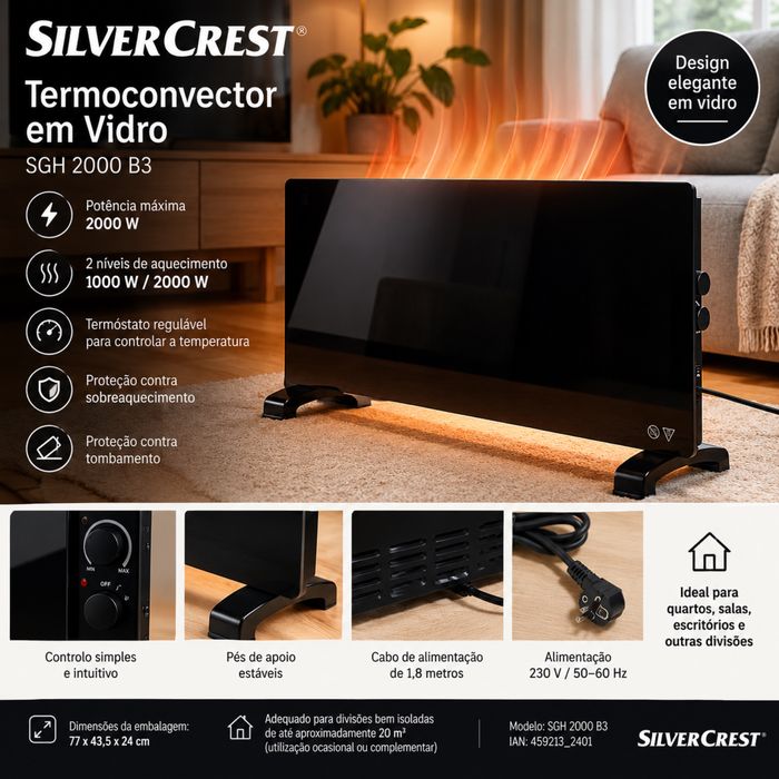 SILVERCREST SGH 2000 B3 – Termoconvector de Vidro 2000W