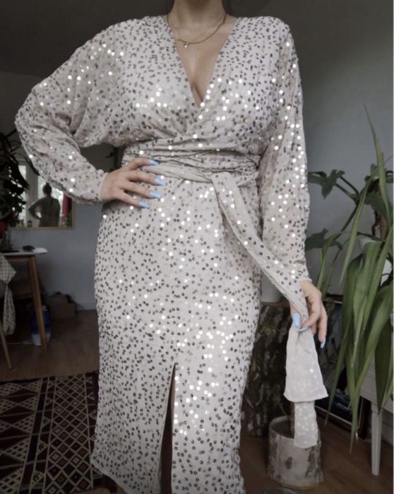 Beżowa cekinowa sukienka midi kimono 40 L asos luxe