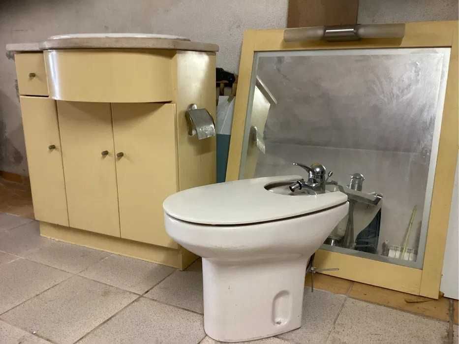 Conjunto de Casa de Banho Completo Móvel com Lavatório, Espelho, Bidé e Sanita