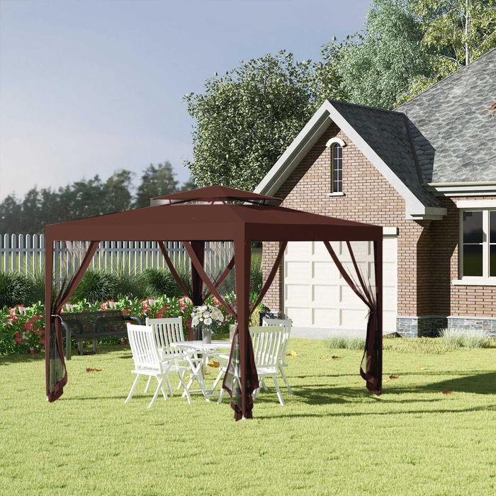 Pérgola quadrada 297x297x268 cm com teto ventilado e cortinas