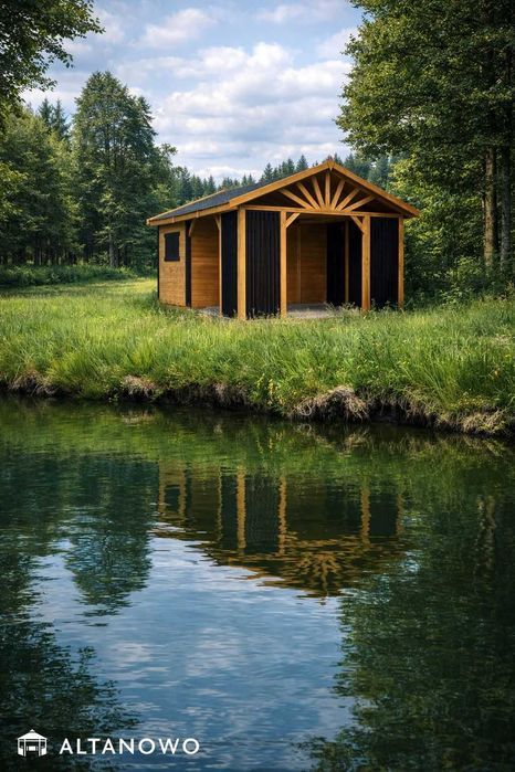Drewniany domek letniskowy z altaną ogrodowy | producent | montaż
