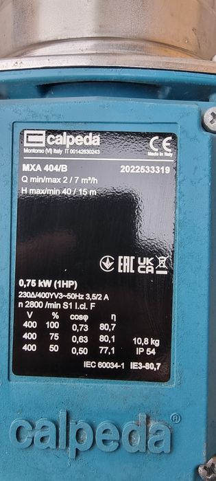 Pompa wody Calpeda MXA 404/B 400V 0,75kW 40/15m 2/7m3/h