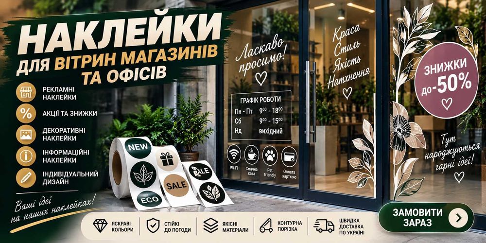 Наклейки для вітрин магазинів та офісів