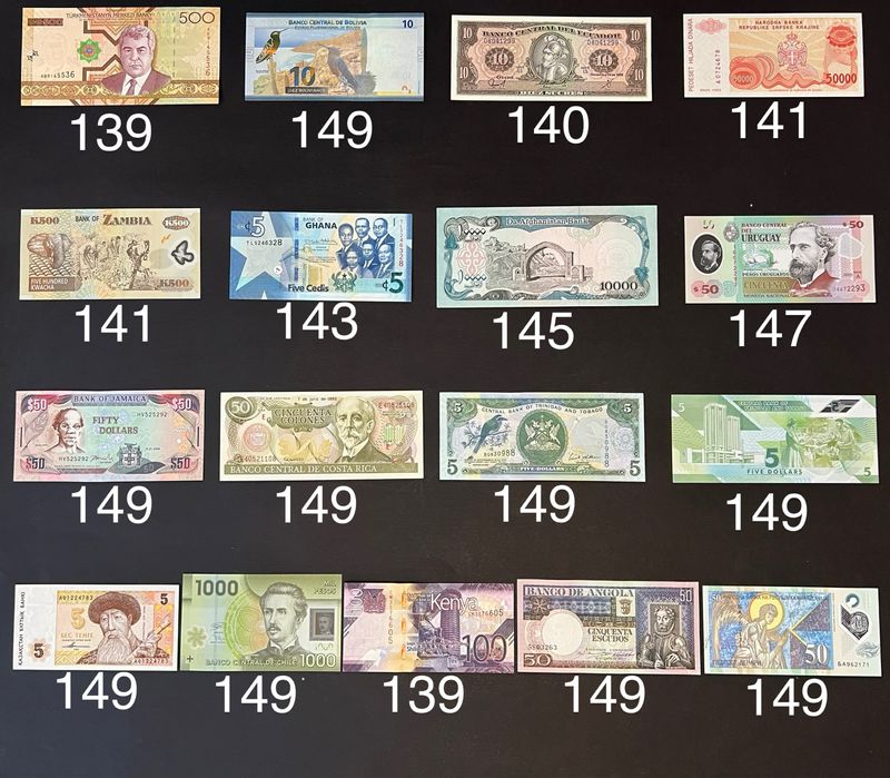 Банкноти купюри світу вартістю від 100 до 150грн