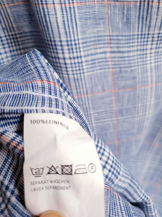 Lniana koszula męska w kratę 100% len Manor S M kołnierzyk 39/40