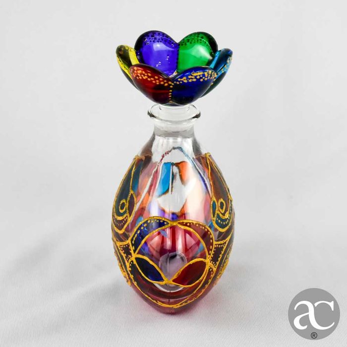 Frasco perfume vidro de Murano, pintado à mão, rolha em forma de flor