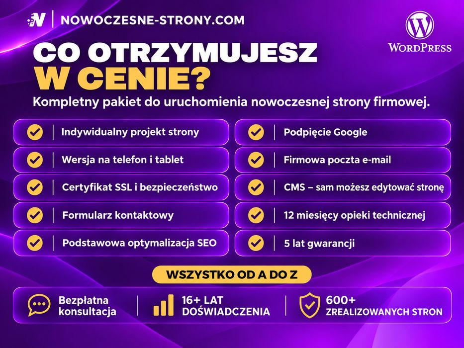 Nowoczesne Strony Internetowe | WordPress z 5-letnią Gwarancją | Opieka Stron 12 miesięcy