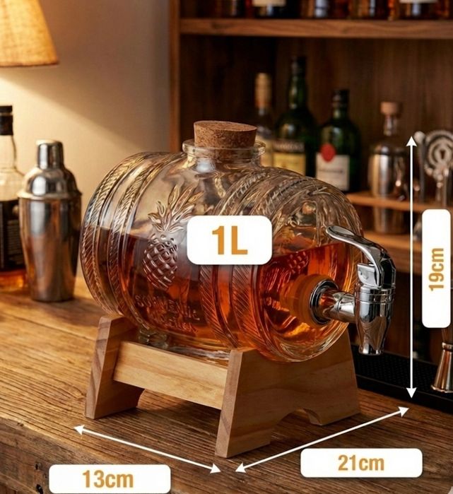 Karafka na Whisky Szklana Beczka Słój z Kranikiem na Alkohol Nowa