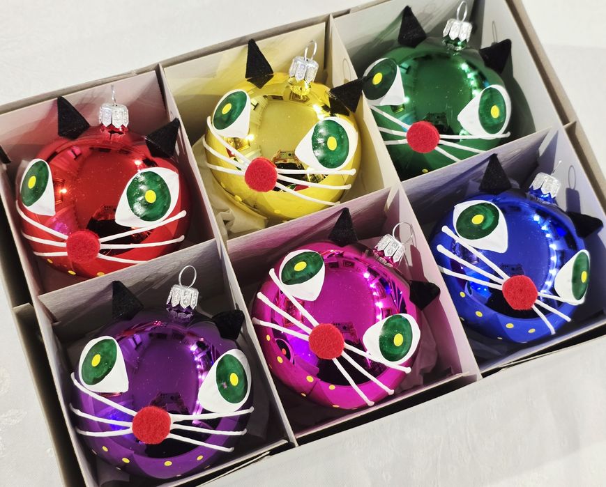 Bombki choinkowe szklane kolorowe kotki 6 szt retro jak prl