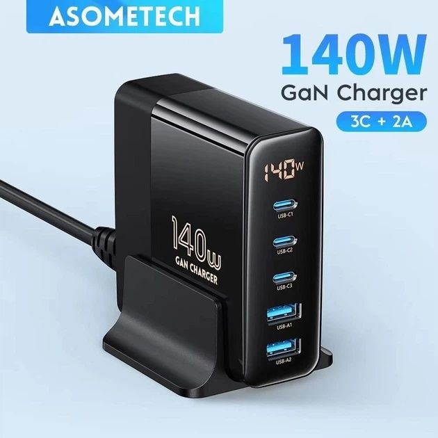 Зарядний пристрій Asometech 140W GaN Desktop Charger з цифровим дисплеєм і 5 портами (PD 3.0, QC 4.0)