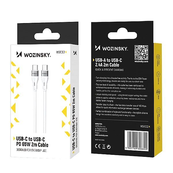 Kabel Wozinsky Wstcc2 Usb-c / Usb-c Pd 65w 2 m - biały