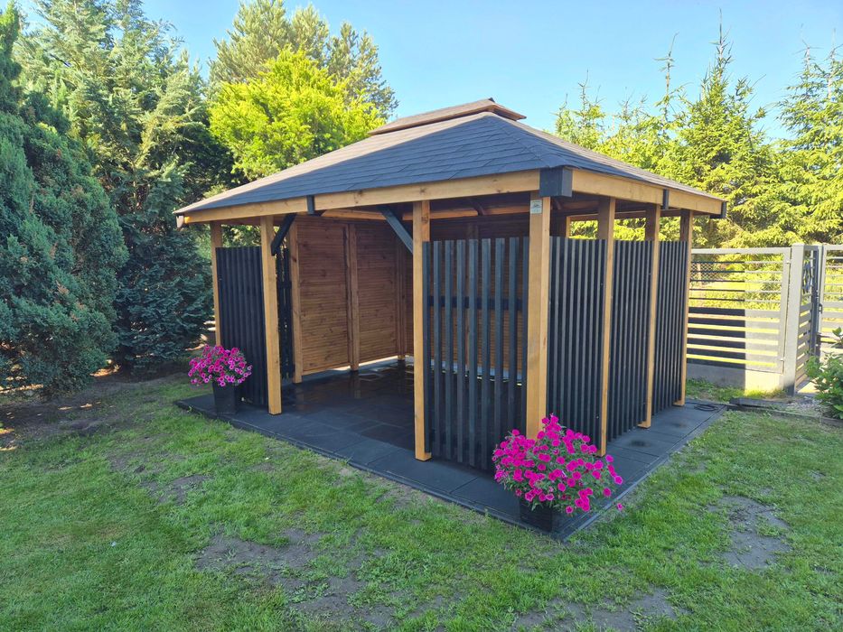 Domek narzędziowy z altaną DB10 3x6 m lamele BLANCA DREWNOTRIK