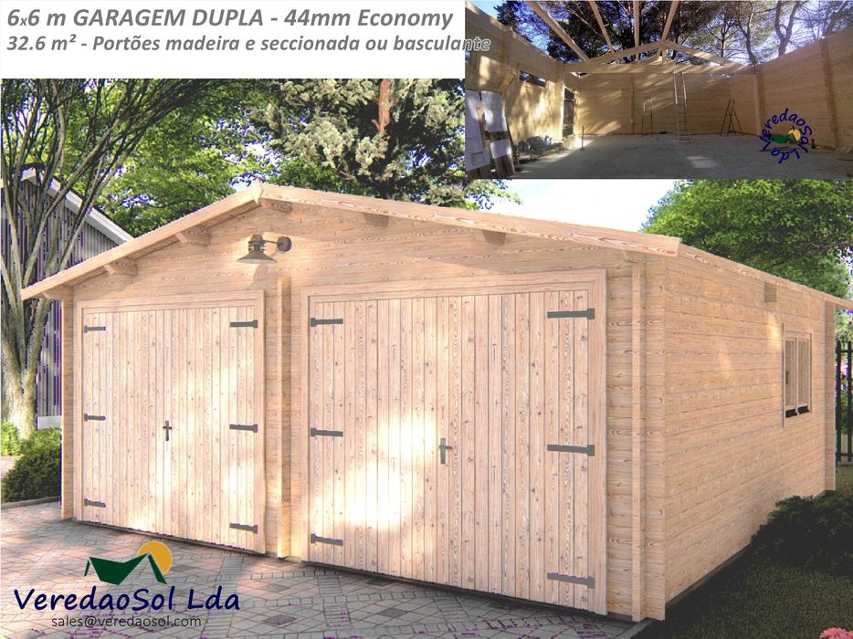 KIT madeira 6x6 m GARAGEM DUPLA 34m² 44mm sem e com portões IMBATÍVEL