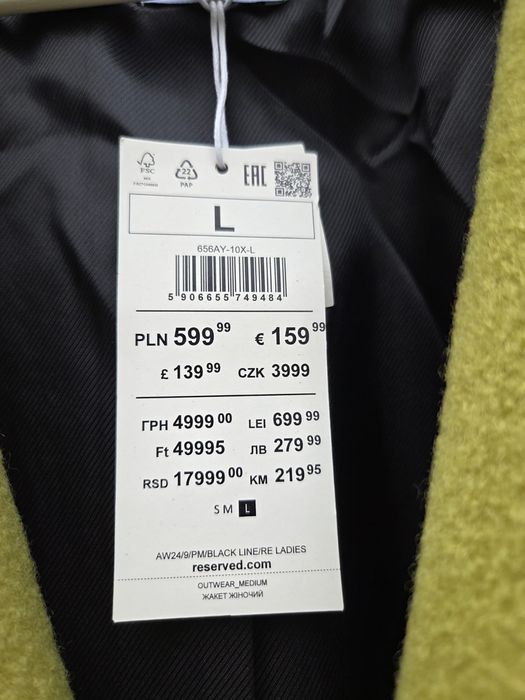 Płaszcz damski nowy Reserved jasna zieleń