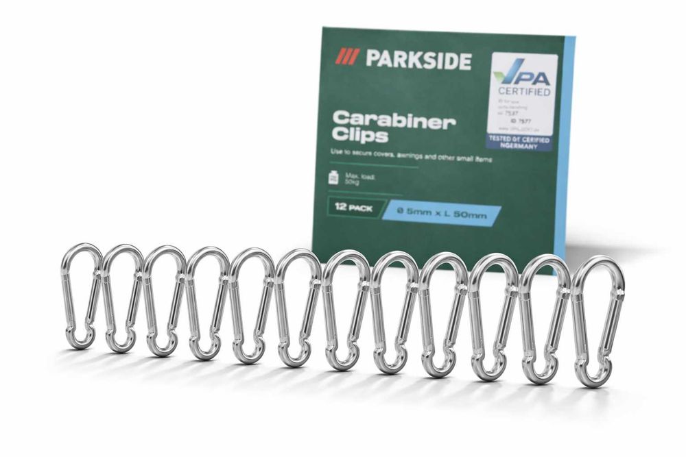 Karabińczyki metalowe Parkside 12 szt. 50 mm do 50 kg