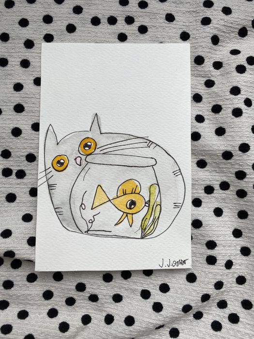 Kartka okolicznosciowa ilustracja obrazek szary kot akwarium zlota ryb