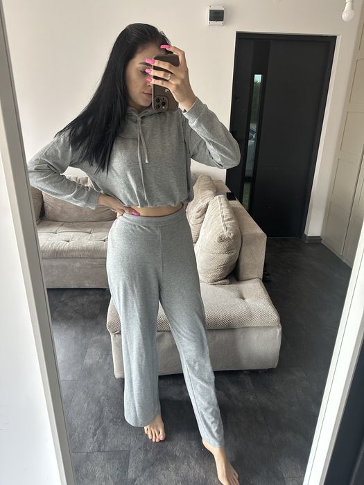 Komplet dresowy szary bluza S, spodnie wide leg M zestaw luźne nogawki
