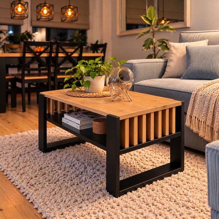 NOWY Stolik Kawowy Ława 92 cm Dąb Craft Czarny z Półką i Lamelami Loft Industrialny Stół Nowoczesny do Salonu Pokoju Dziennego Meble Wysyłka OKAZJA