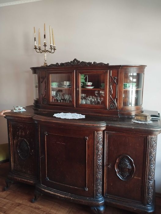 Antyczny kredens dębowy XIX/XX w. - gięte szyby ANTYK