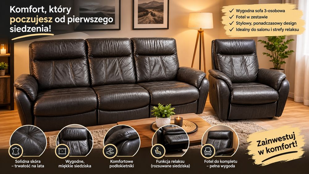 Komplet wypoczynkowy skóra naturalna