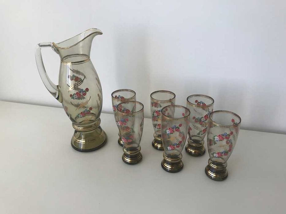 Jarra e 6 copos vidro antigo anos 60 vintage nunca usado