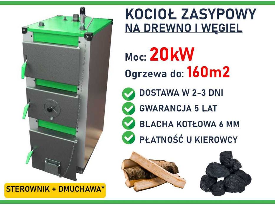 KOCIOŁ 20KW na WĘGIEL i DREWNO piec kotły zasyp >160m2 Dostawa 2-3 dni