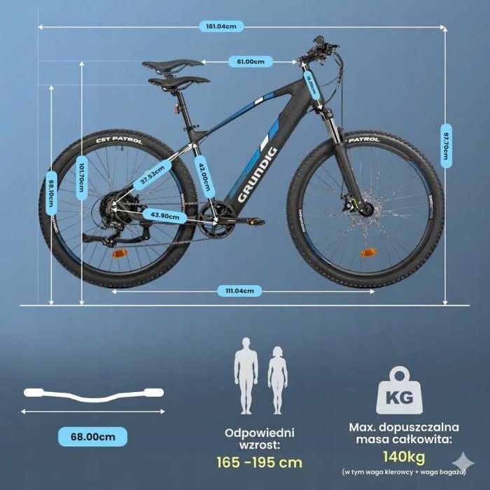Rower Elektryczny Górski E-MTB GRUNDIG HT 27.5" 250W Shimano