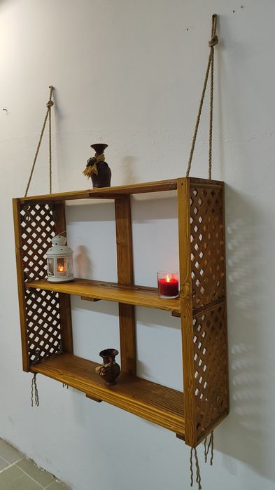 Rustic Shelf/Wine Rack with Lateral Slats and Sisal Rope64398345385474122