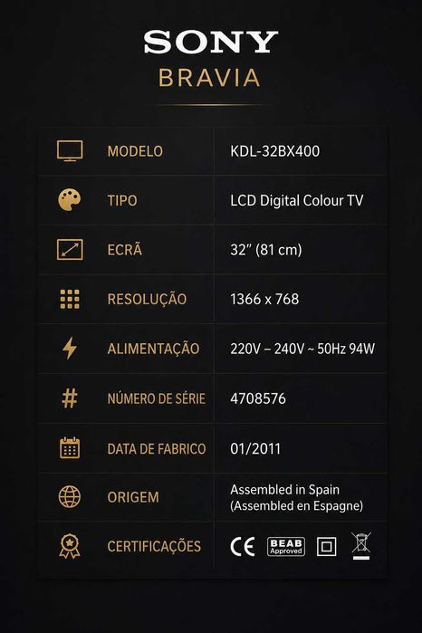 Televisão Sony Bravia 32 polegadas LCD HD c/ comando