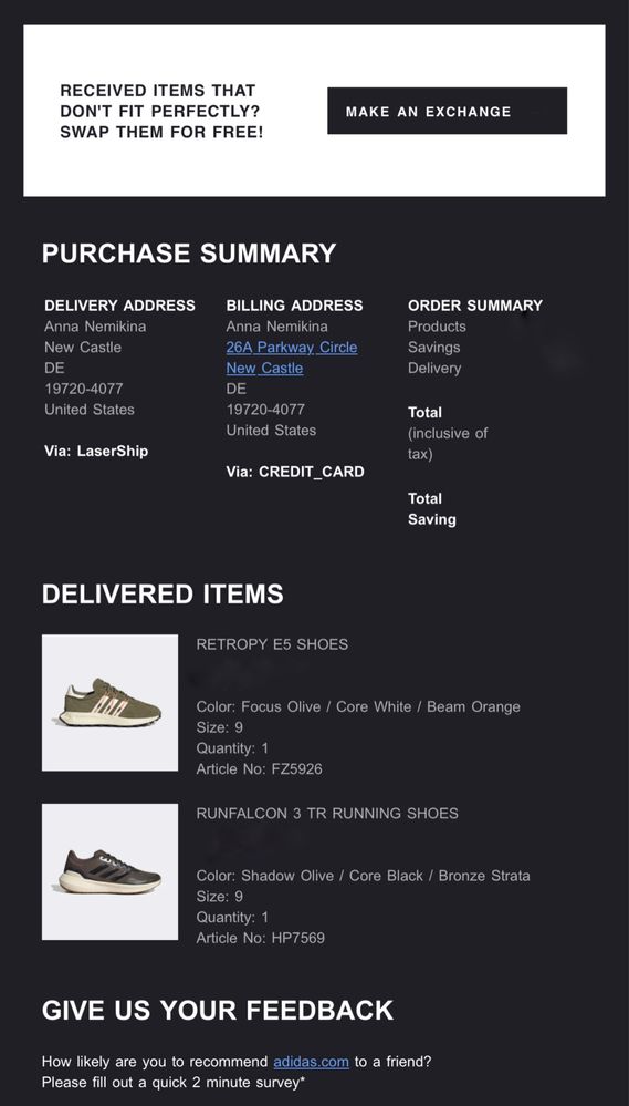 Adidas email receipt online