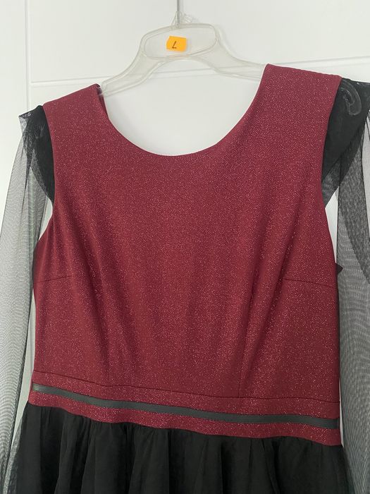 Sukienka brokatowa z tiulem 42 XL bordowa czarna