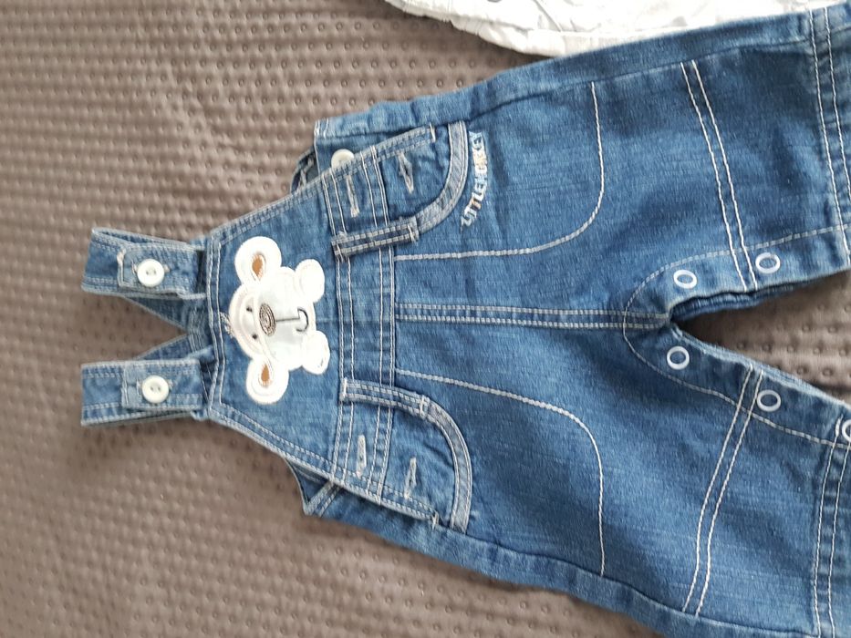 2 x ogrodniczkie niemowlęce 56 62 0-3 mce jeansy