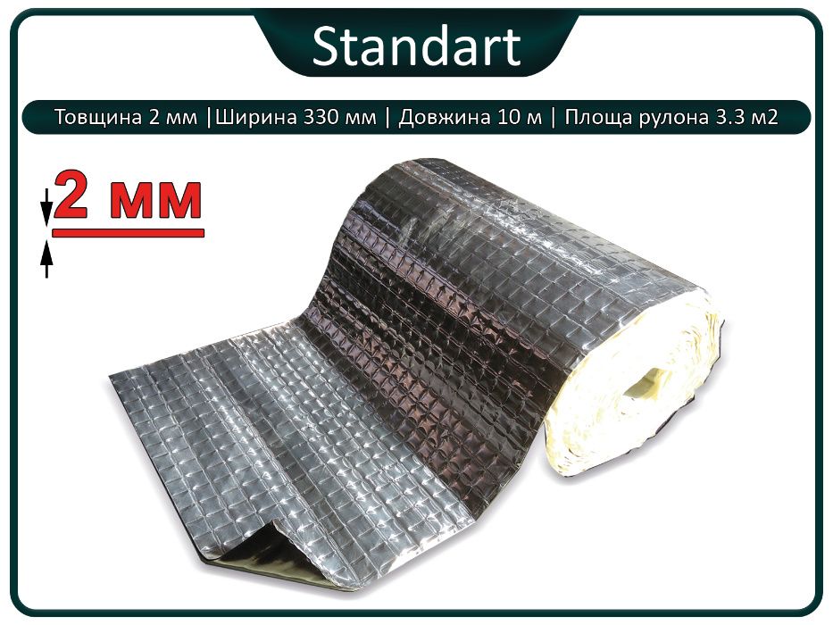 Виброизоляция, шумоизоляция Стандарт 2мм в рулоне, 10 м.п., 3,3 м.кв.