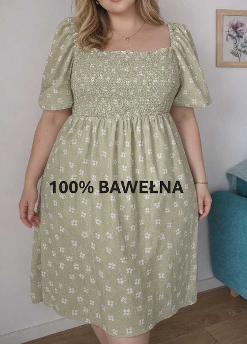 Zielona sukienka Monki letnia 44 (XXL) cottagecore kwiatki bawełna elastyczna góra plus size