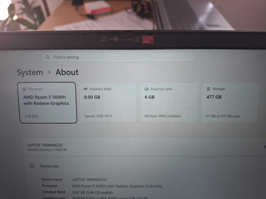 Lenovo Ideapad Gaming 3 Ryzen5 8GB SSD 512 NVME W11 RTX 3050 4GB DDR6 de exposição