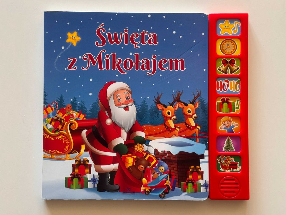 Nowa!! Świąteczna książka z dźwiękiem, 8 melodii "Święta z Mikołajem" twarde strony- z baterią w zestawie!