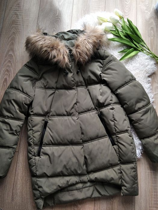 kurtka khaki puffer pikowana z kapturem
