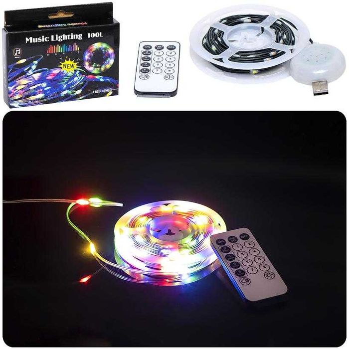 Музыкальная LED гирлянда-ночник 100 диодов (10м) на USB с пультом