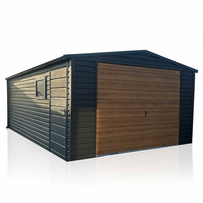 Garaż Blaszany 4x5 Dwuspadowy Dach Grafit + Winchester  Brama Uchylna