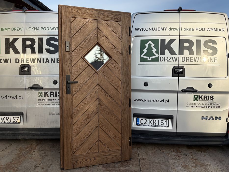 Drzwi zewnętrzne drewniane dębowe olejowane wiejskie jodełka góralskie