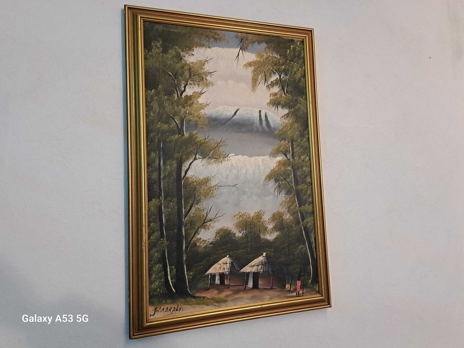 Stary obraz olejny na płótnie Afryka, Kilimandżaro Tanzania J. Makali.