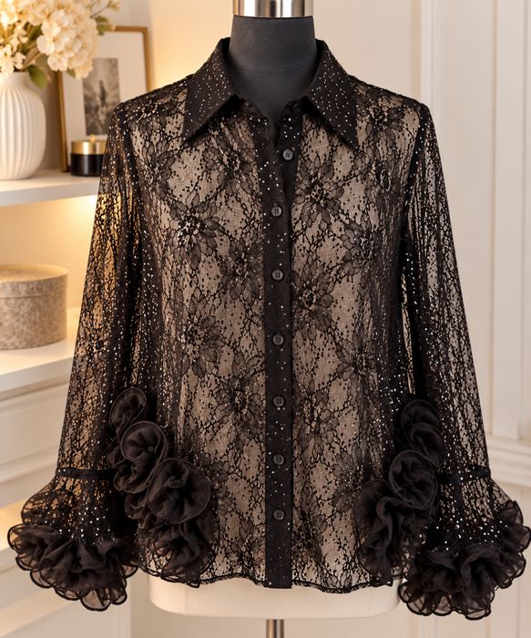GP Paris piękna koronkowa bluzka S/M czarny  cekiny falbany glamour