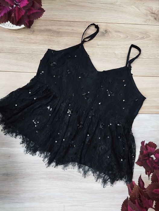 koronkowy crop top z cekinami XS ramiączka błyszczący goth alternative