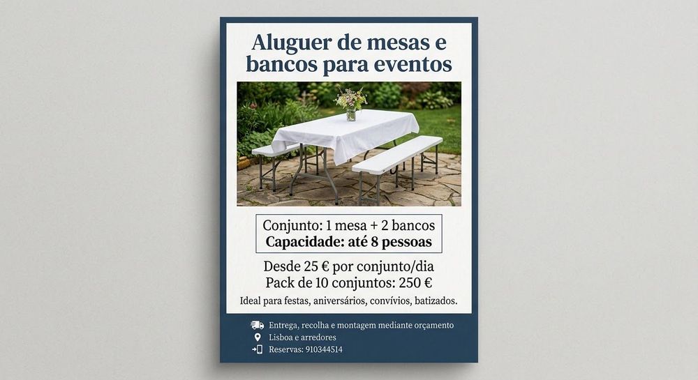 Mesas e bancos para alugar