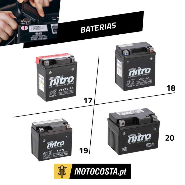 Baterias para Moto, UTV e Lítio – Gama Completa GS, Nitro e Shido – Referências 6V e 12V – Convencionais, Gel e Lítio