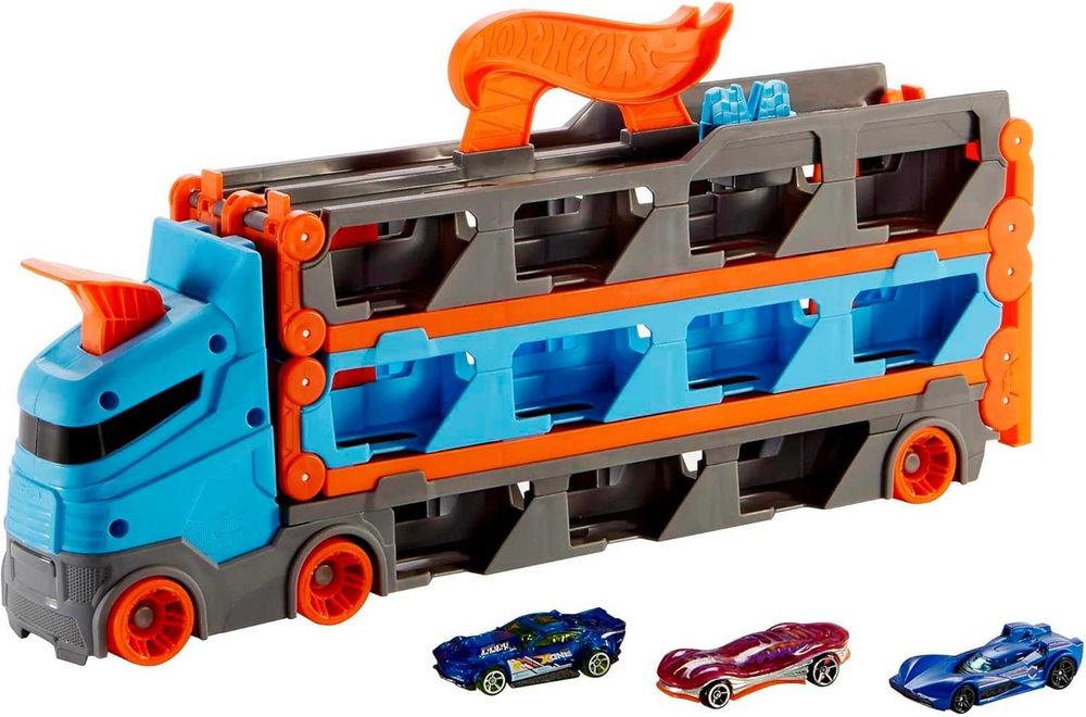NOWY Hot Wheels Wyścigowy transporter 2w1 z 3 samochodzikami w skali 1:64 GVG37