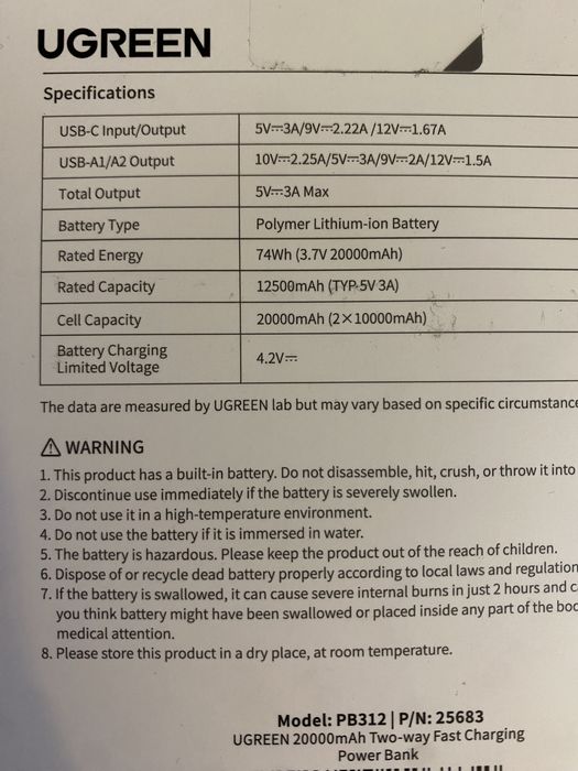 Павербанк Ugreen 20000w 20w PB312