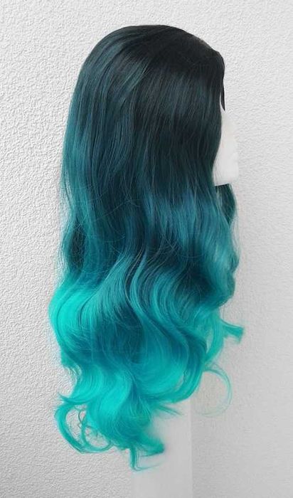 Turkusowa ombre gradient peruka z przedziałkiem falowana długa cosplay