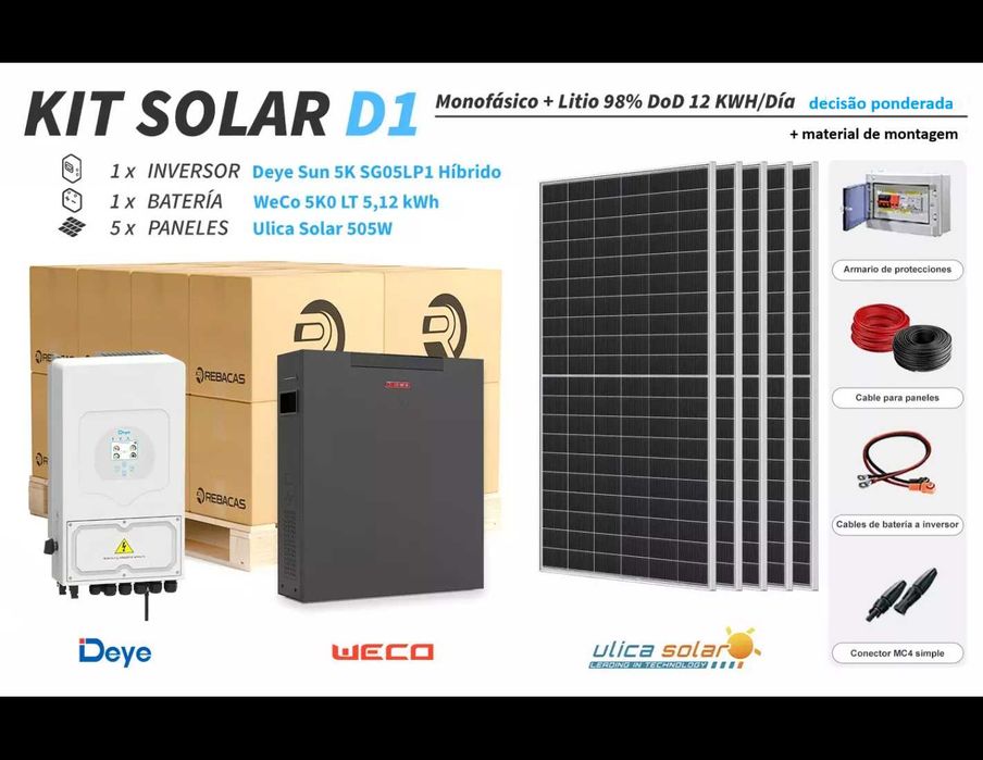 Kit de lítio Deye D1 de 12 kWh/dia com bateria WeCo de 5,12 kWh e 98% de DOD.