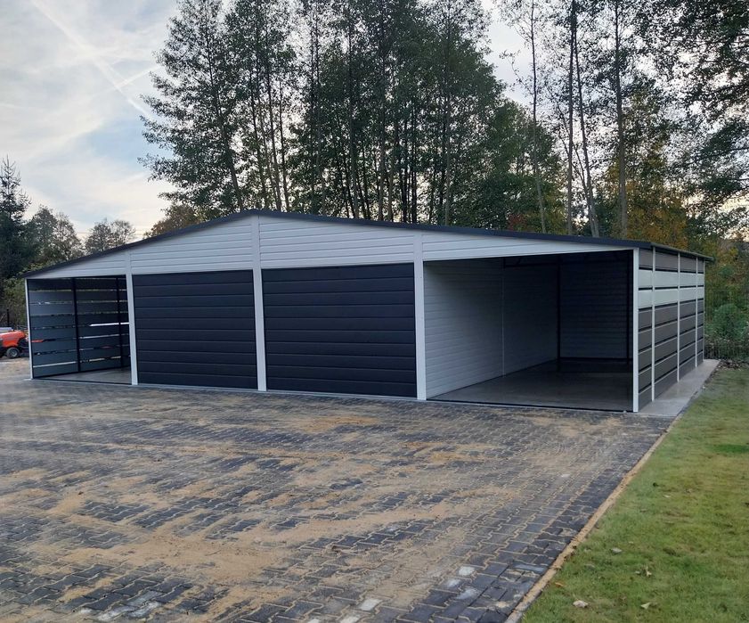 Garaż blaszany biały 12x5 nowoczesne garaże Gregor z wiatą panelową